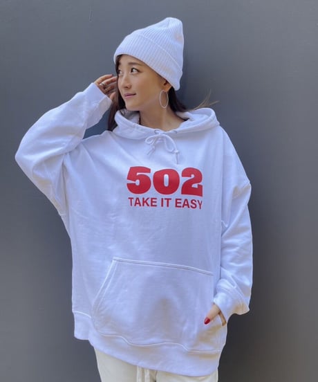 #081　502EASY CAMPUSフーディ　WHITE X RED