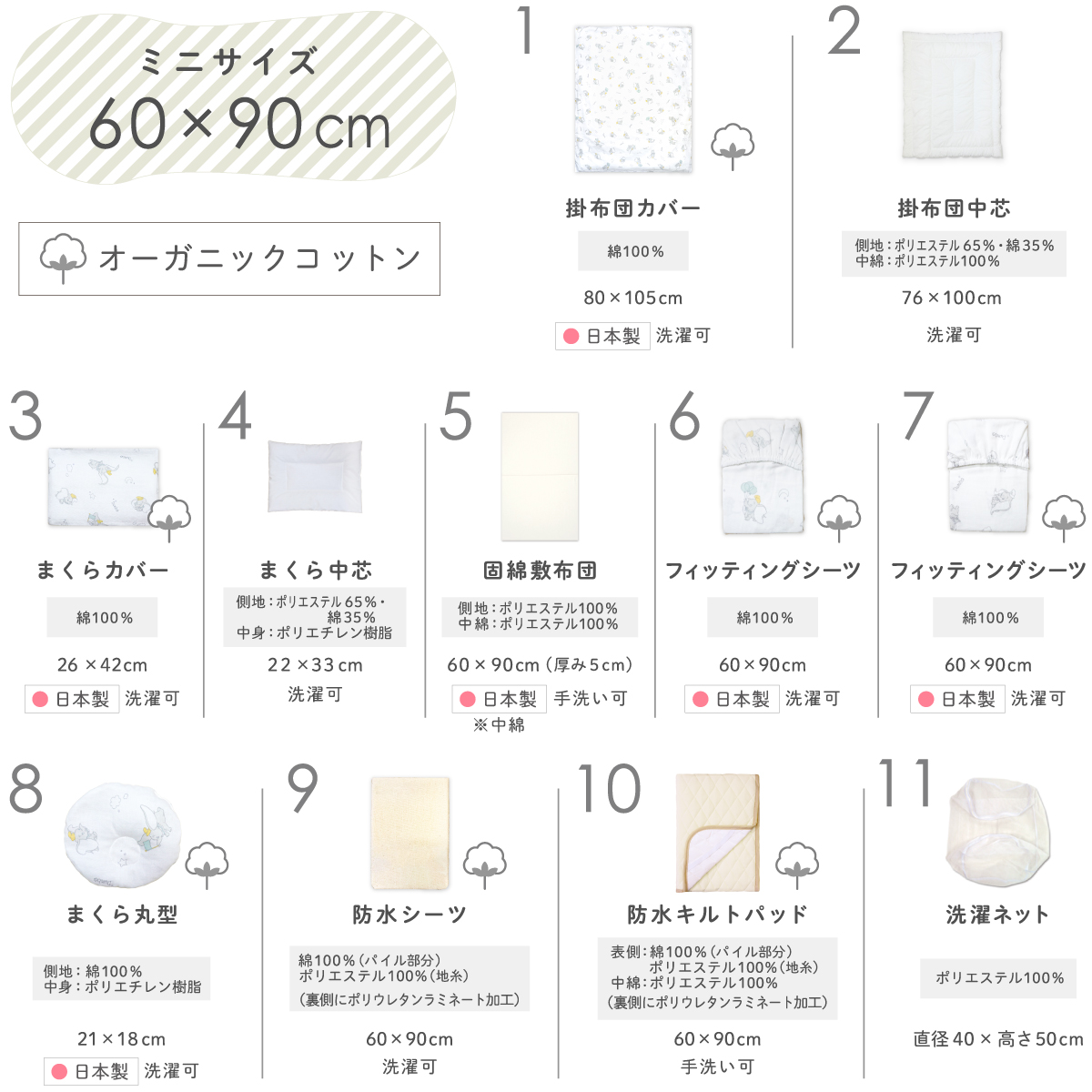 ミニサイズ ベビー布団 11点セット ディズニー ダンボ(60×90cm