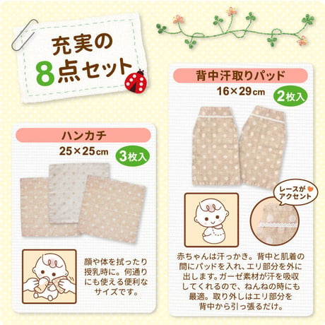 【日本製】沐浴ガーゼ 8点セット オーガニックコットン ダブルガーゼ 水玉 ドット 沐浴タオル2枚・大判ケット1枚・背中汗取りパッド2枚・ハンカチ3枚 綿100% MSET