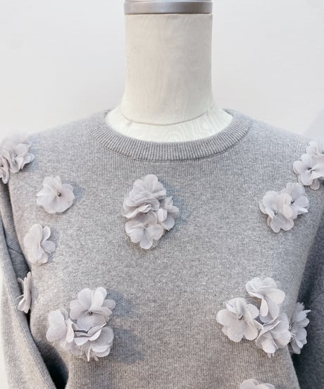 シフォン×チュールフラワーモチーフ綿ニット