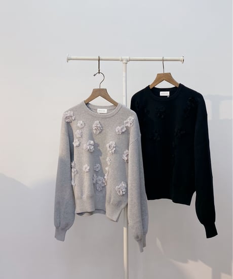 シフォン×チュールフラワーモチーフ綿ニット