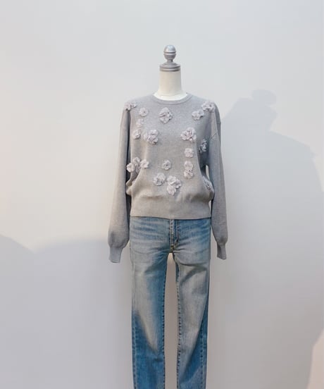 シフォン×チュールフラワーモチーフ綿ニット