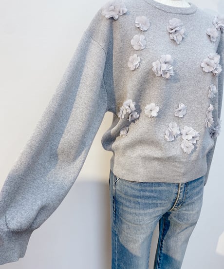 シフォン×チュールフラワーモチーフ綿ニット