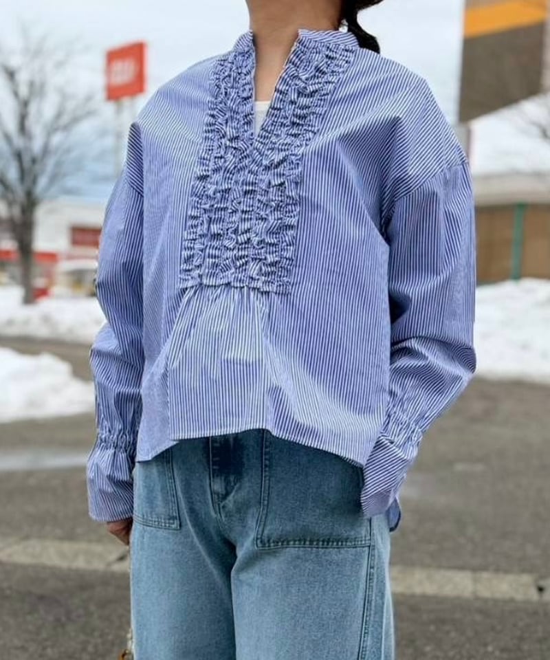 ストライプ フリルタックシャツ | Aujourd'hui