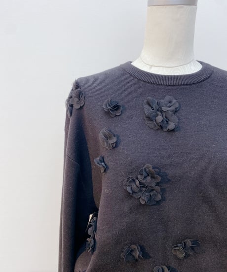 シフォン×チュールフラワーモチーフ綿ニット