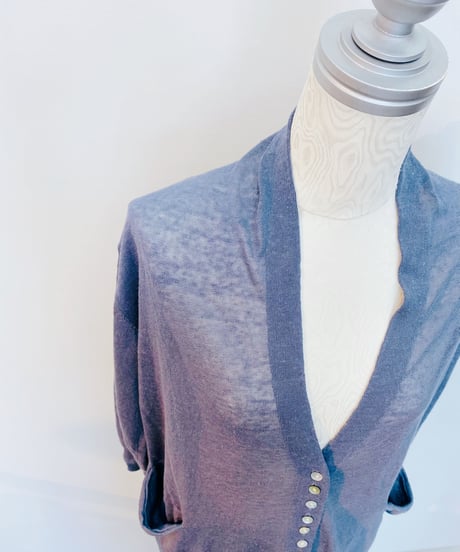 七分袖 ショールカラー風リネンニットカーディガン