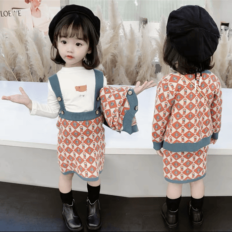 韓国風子供服お嬢様春秋　ソフトニットワンピースセットアップ2点セット