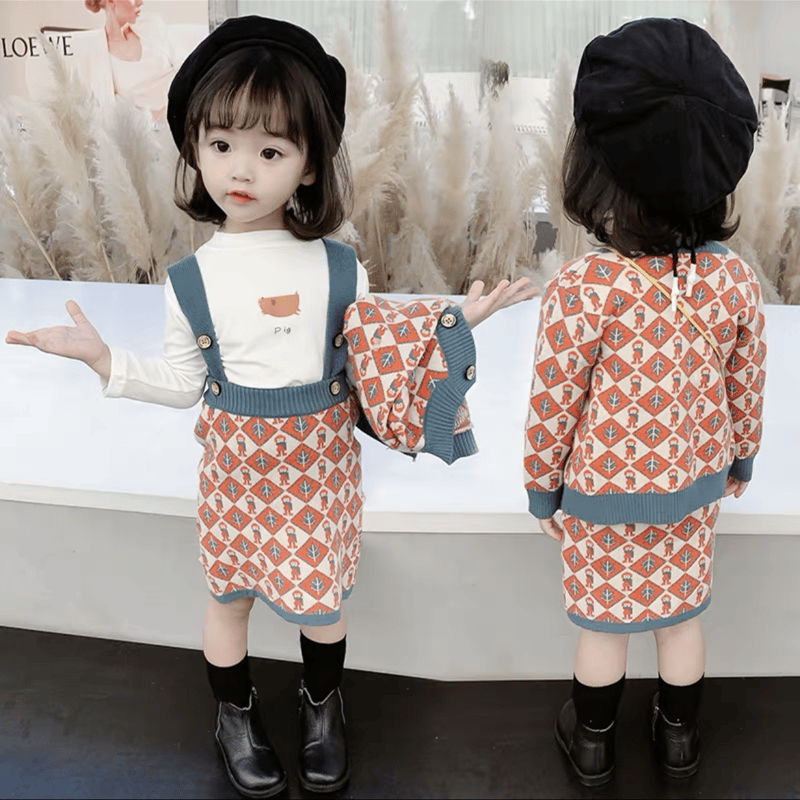 韓国風子供服お嬢様春秋 ソフトニットワンピースセットアップ2点セット