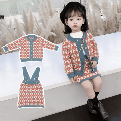 韓国風子供服お嬢様春秋　ソフトニットワンピースセットアップ2点セット