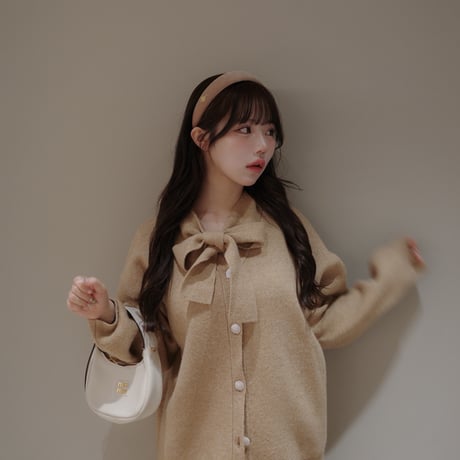 Mimiange ゆるリボンカーディガン beige