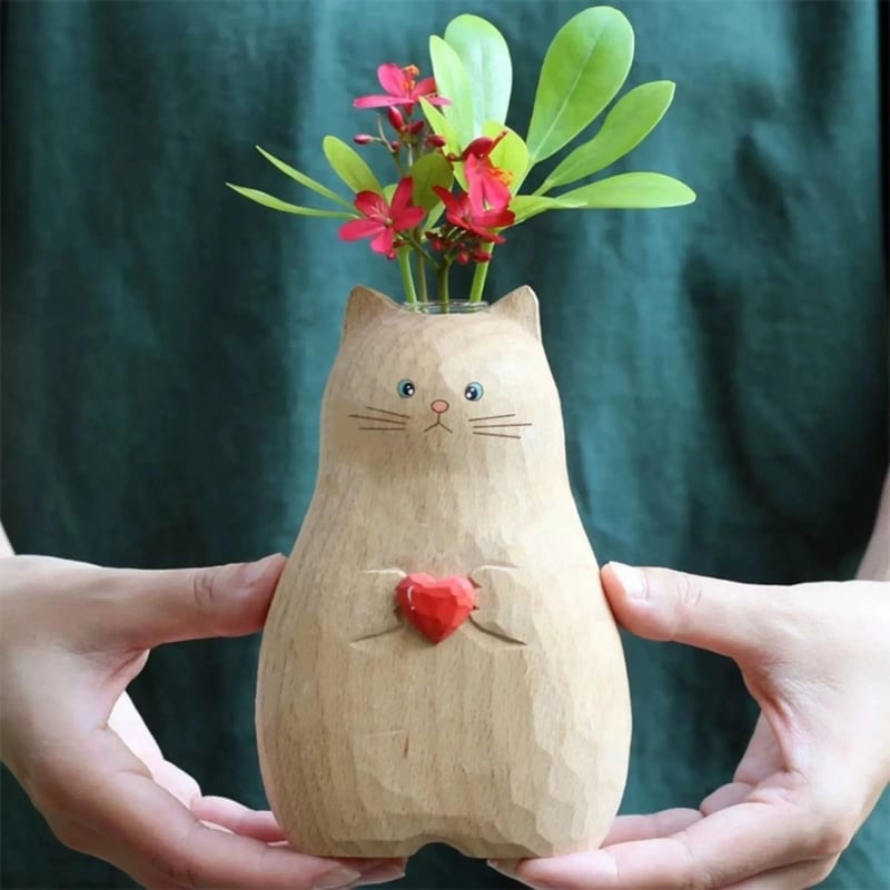 手作り 木製猫花瓶 ガラス試験管付き 花器 部屋の装飾 家の飾り 手作り 木製猫花瓶 ガラス試験管付き 花器 部屋の装飾 家の飾り
