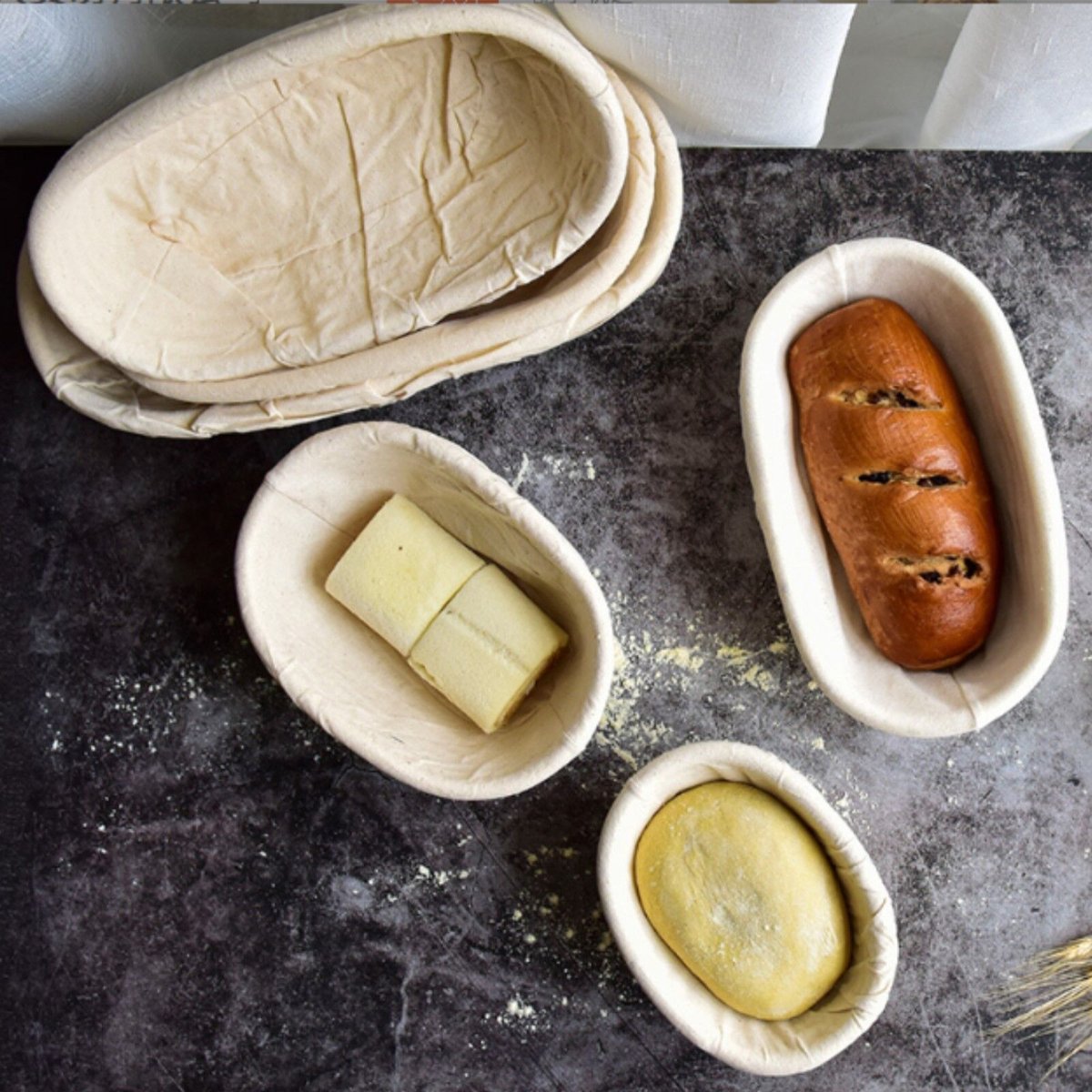 楕円形 竹 発酵カゴ 布ライナー付き 17/21/23/25/28/30/35/44CM |