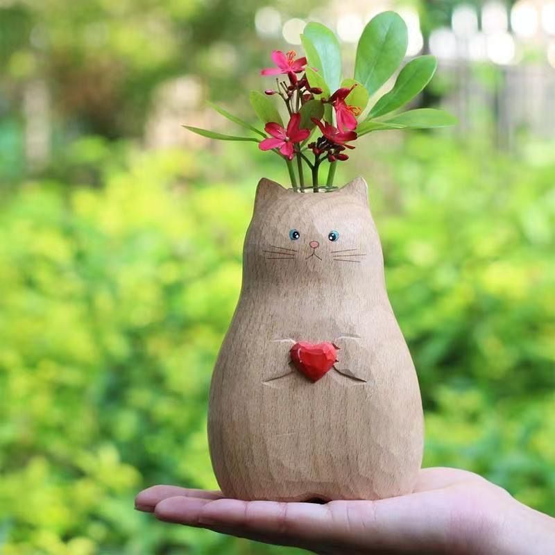 手作り 木製猫花瓶 ガラス試験管付き 花器 部屋の装飾 家の飾り 手作り 木製猫花瓶 ガラス試験管付き 花器 部屋の装飾 家の飾り
