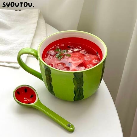 スイカ カップ スプーン セット 西瓜 陶瓷器 マガカップ 耐熱 耐冷 夏日限定 スイカ柄 マグカップ