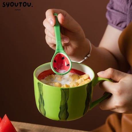 スイカ カップ スプーン セット 西瓜 陶瓷器 マガカップ 耐熱 耐冷 夏日限定 スイカ柄 マグカップ