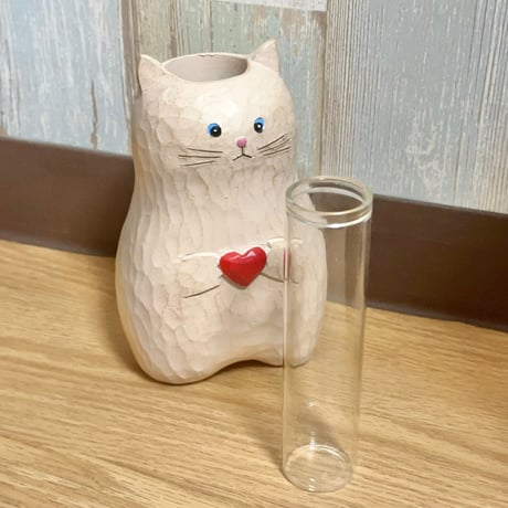 手作り 木製猫花瓶 ガラス試験管付き　花器　部屋の装飾　家の飾り　猫ちゃん　ネコ　ねこ