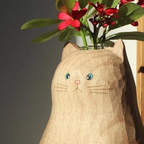 手作り 木製猫花瓶 ガラス試験管付き　花器　部屋の装飾　家の飾り　猫ちゃん　ネコ　ねこ