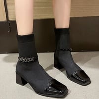 エナメルポインテッドトゥアンクルチェーンニットショートブーツ/22.5〜25cm/2023AW