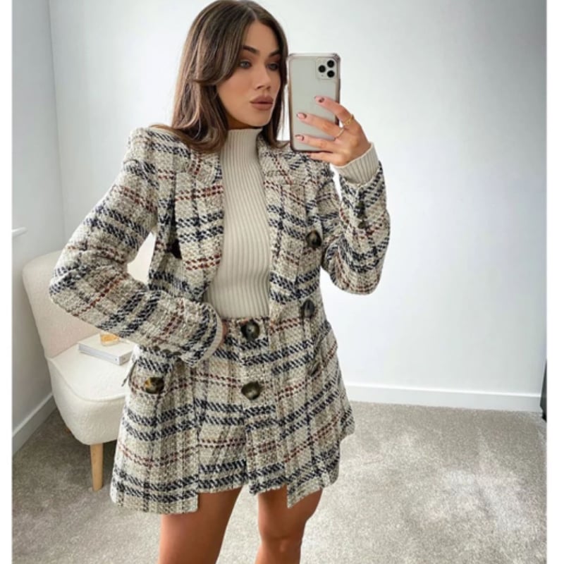 タータンチェックツイードジャケット＆キュロットスカートセットアップ  