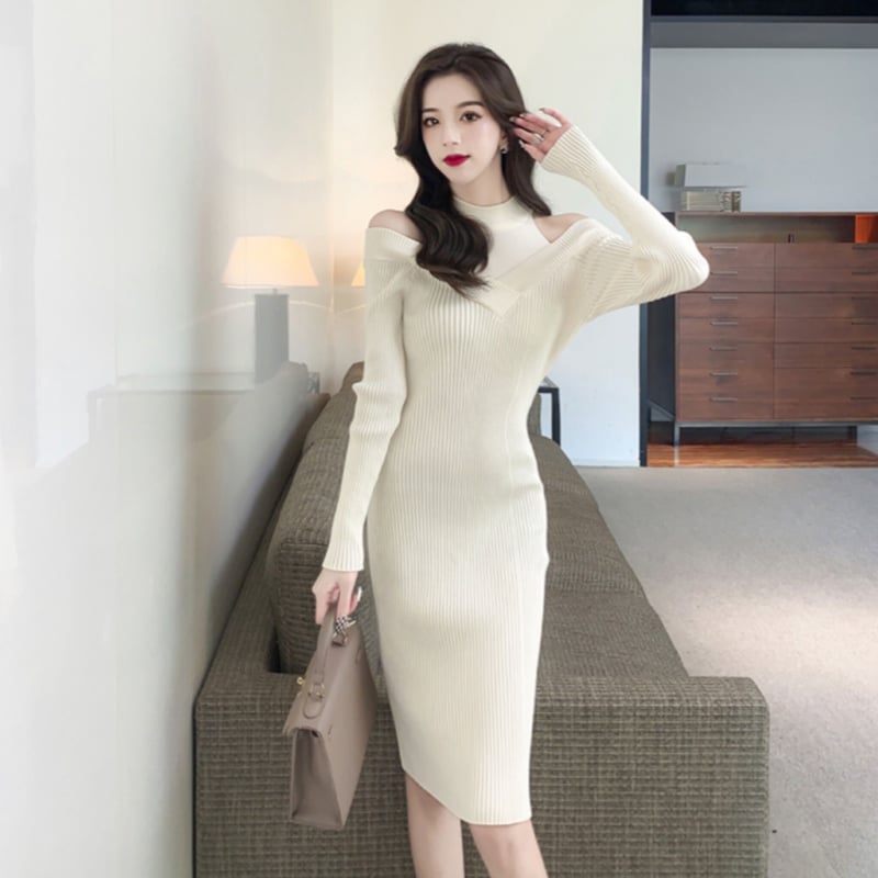 ハイネックオフショルタイトリブニットワンピース/2色展開/S.M.L