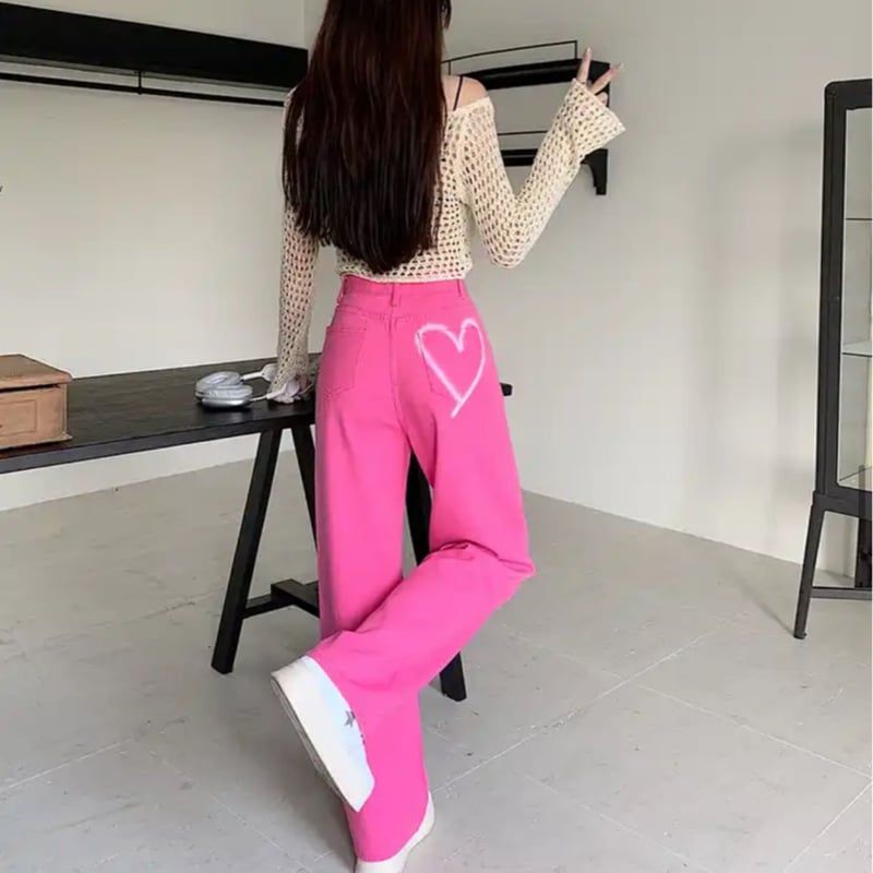 バックワンポイントハートペイントデニムワイドパンツ/2色展開/S〜XL