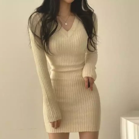 【即納】Vネックシンプルリブニットタイトワンピース/3色展開/ワンサイズ/2022AW