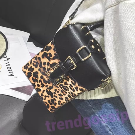 Black×Leopard 2WAY Boxショルダーバッグ/ハンドバッグ/豹柄