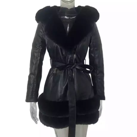 フェイクファーフード付きレザーライダースコート/3色展開/S.M.L/2021AW
