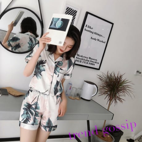 【送料無料】リーフ柄半袖パジャマ/ルームウェア/2色展開/M.L.XL/2020SS