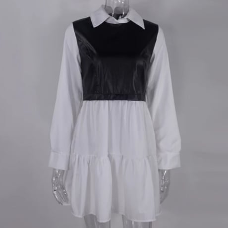 【Brown L、BlackcheckM即納】レザーパッチワークシャツワンピース/3色展開/S〜XXL/2020AW