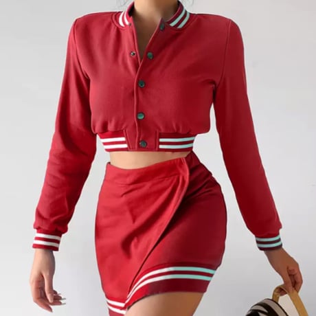 ホワイトラインクロップドスタジャン&スカートセットアップ/3色展開/S.M.L/2021AW