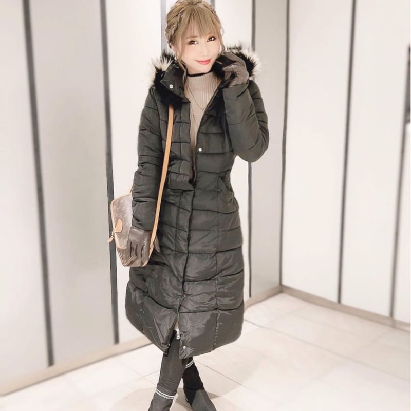 ウエストリボンフードファー中綿マキシコート/4色展開/M～XXXL