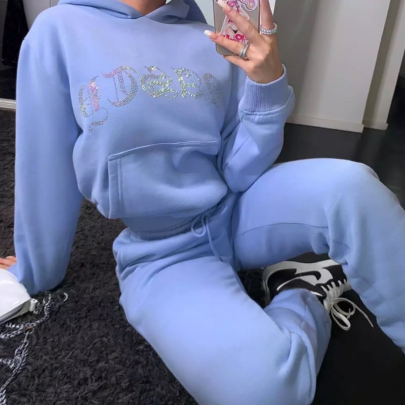 ラインストーンギャング文字スウェットセットアップ/S〜XL/4色展開