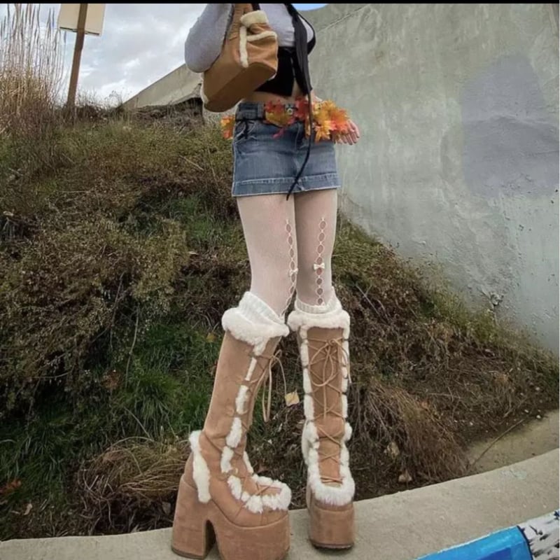 ファー付きレースアップ厚底ムートンブーツ/4色展開/22.5〜26cm