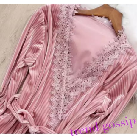 クロシェレースリブベルベットルームウェア3ピースセット/部屋着/4色展開/M.L.XL/2020AW