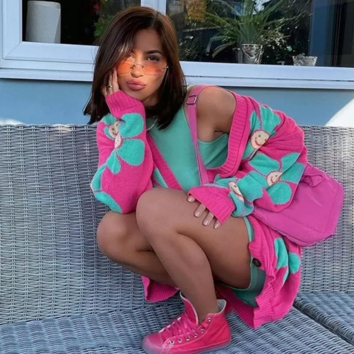 即納】スマイルフラワーロングニットカーディガン/2色展開/ワンサイズ