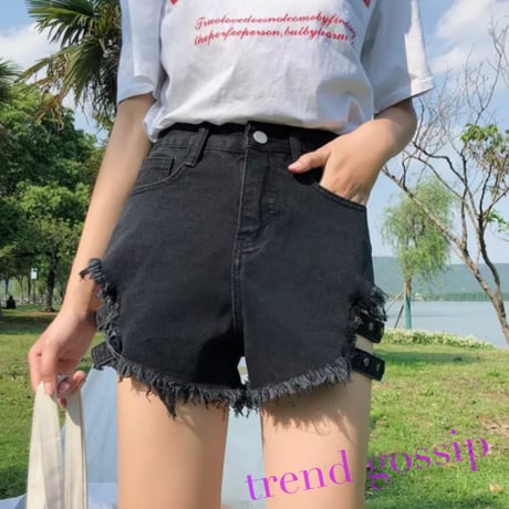 【BlackM即納】サイドダブルストラップカットオフデニムショートパンツ/2色展開/S～XL/2020SS