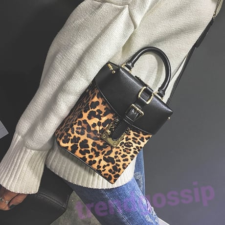 Black×Leopard 2WAY Boxショルダーバッグ/ハンドバッグ/豹柄