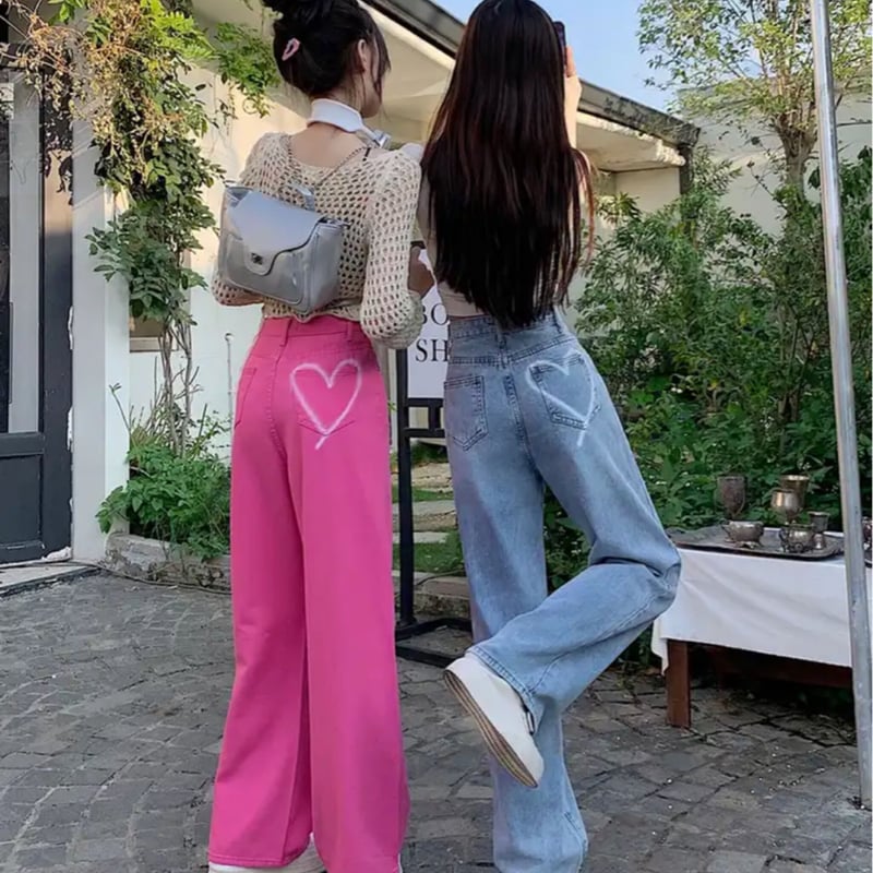 バックワンポイントハートペイントデニムワイドパンツ/2色展開/S〜XL