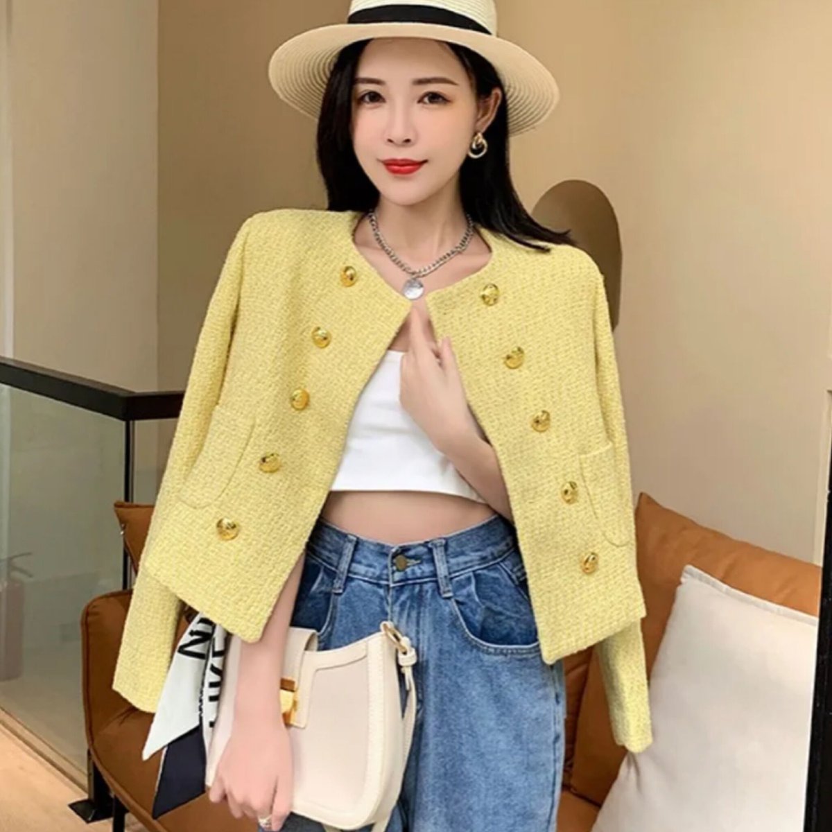 イエローツイードノーカラージャケット/S.M.L/2023SS | trendgossip