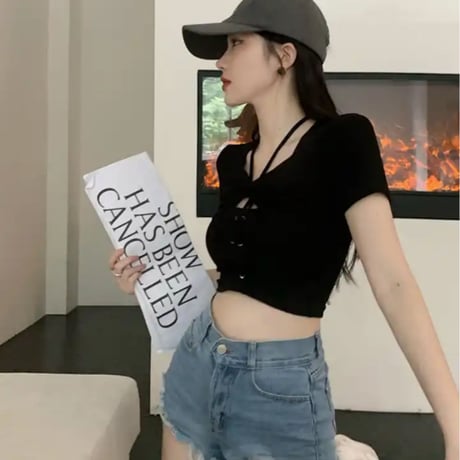 レースアップハイネックストラップリブクロップドトップス/2色展開/S〜XXL/2023SS