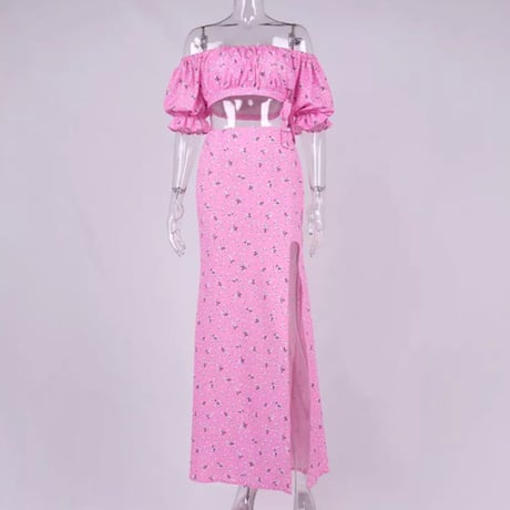 小花柄オフショルクロップドTOP &ディープスリットロングスカートリゾートセットアップ/3色展開/XS〜L/2022SS