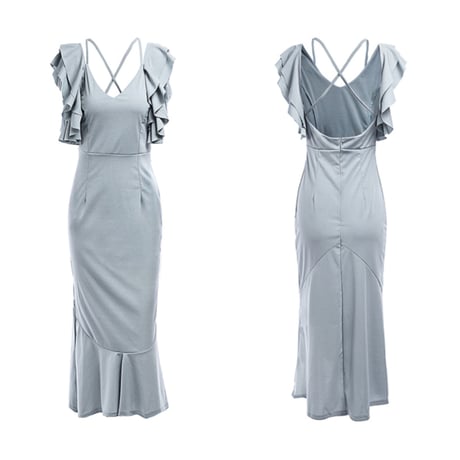 バックセクシーショルダーフリルマーメードドレス/ワンピース/5色展開／S～XXL