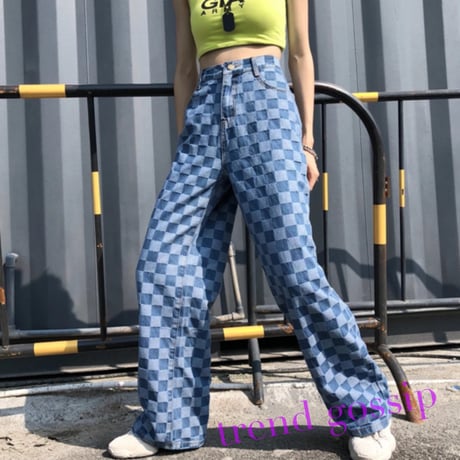 ブロックチェックワイドジーンズ/デニム/S～XL/2020SS