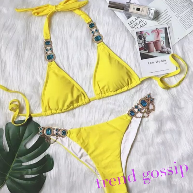 Black 即納】ゴージャスストーン&チェーンセクシービキニ/水着/7色展開