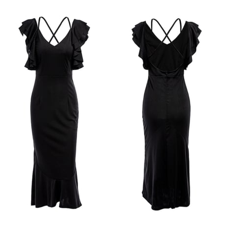 バックセクシーショルダーフリルマーメードドレス/ワンピース/5色展開／S～XXL