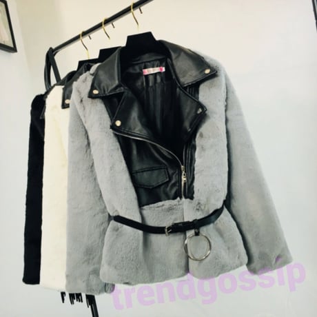 リングベルト付きパッチワークファーフェイクレザーコート/3色展開/アウター
