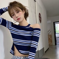 ショルダーオープンランダムボーダークロップドリブニット/4色展開/S.M.L/2023AW