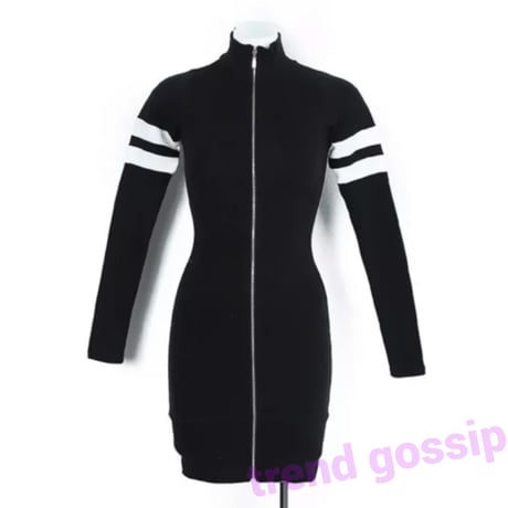 【即納】ショルダーダブルラインジッパータイトワンピース/S～XL/2019AW