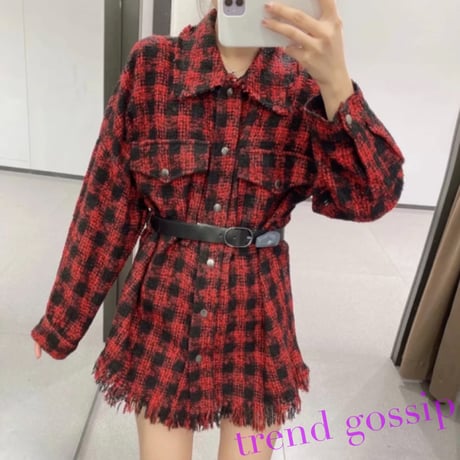 ベルト付きレッドチェックツイードフリンジワンピース/S～ XL/2020AW